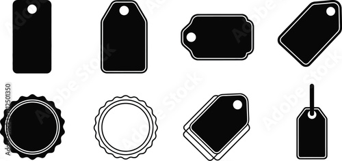 Assortment of various black and white label shapes, including rectangles and circles, ready for pricing or branding.