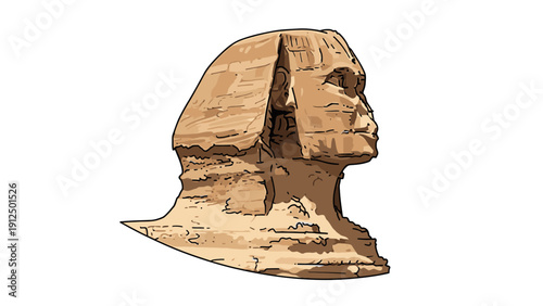 A digital illustration of the Great Sphinx of Giza's head in profile, with a worn, sandy-brown color and detailed texture, set against a clean white background.