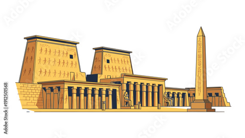 Illustration of ancient Egyptian temple complex with obelisk and columns in warm golden light against a white background.