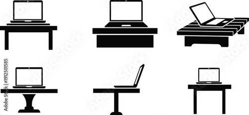 Six different silhouette icons display various laptop arrangements upon modern office tables and stands for design.