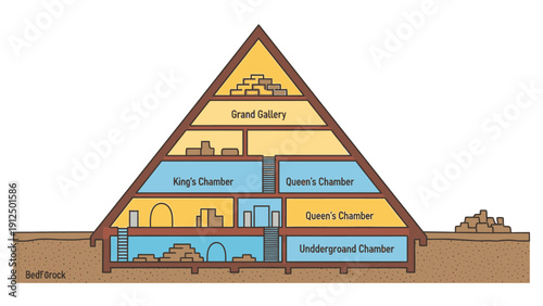 Illustration of a pyramid's interior with labeled chambers, including the King's Chamber, Queen's Chamber, and Grand Gallery, in a cutaway view.