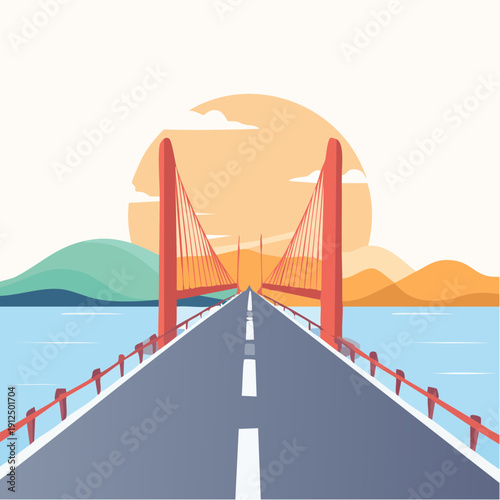 Stylized vector art of a suspension bridge spanning water towards a radiant sunset, evoking travel and new horizons