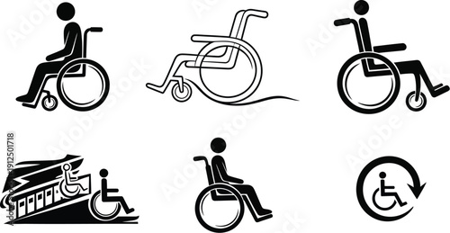 Collection of accessibility symbols illustrates various wheelchair iconographies including ramps and circular.