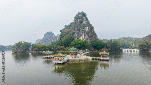Canvastavla Zhaoqing Seven Star Rock scenic area with traditional Chinese pavilions on lake