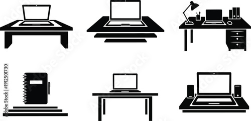 Six distinct black and white icons represent various workstation setups featuring laptops and office accessories on.