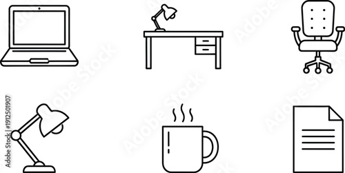 Collection of simple line art icons representing essential office furniture and equipment for workspace setup.