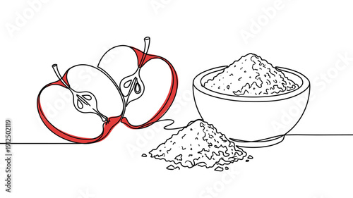 Sliced apple halves and bowl of cinnamon powder for healthy food and cooking ingredient