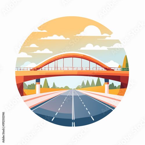 Vibrant vector illustration of a modern arched overpass spanning above an empty highway, symbolizing journey and connectivity and forward progress