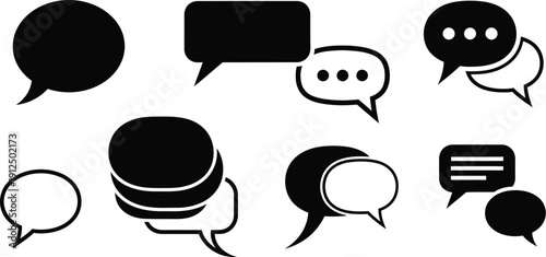 Assortment of various black and white speech bubbles and communication shapes symbolizing messaging and talking across.