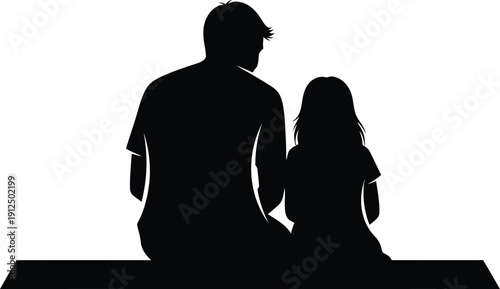 Dark silhouette view showing a father and small child sitting side-by-side looking out at an unseen distance together.