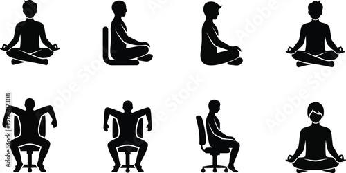 Silhouettes depict diverse sitting postures including yoga, office chairs, and casual seating arrangements for concepts.