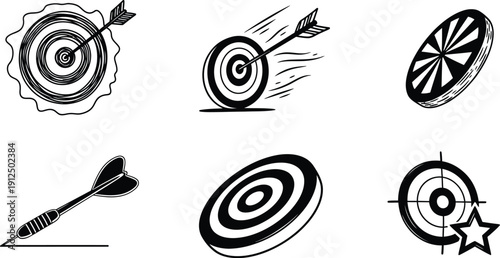 Set of sketched target symbols demonstrating accuracy and goal achievement concepts using darts and bullseye designs.