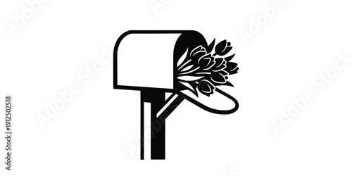 Black mailbox silhouette filled with beautiful tulip flowers for spring greeting concepts