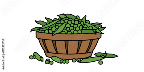 Basket full of fresh peas in pods with scattered peas and pods on gray background