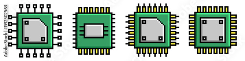Set editable pixel microprocessor vector for vintage tech. Ideal for 8-bit computing graphics, cyberpunk games, and retro IT themes. Symbolizes old hardware and digital brains.