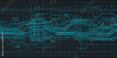 A digital technology background featuring a blue circuit board pattern with technical engineering lines and data network light effects for a modern science and communication concept illustration