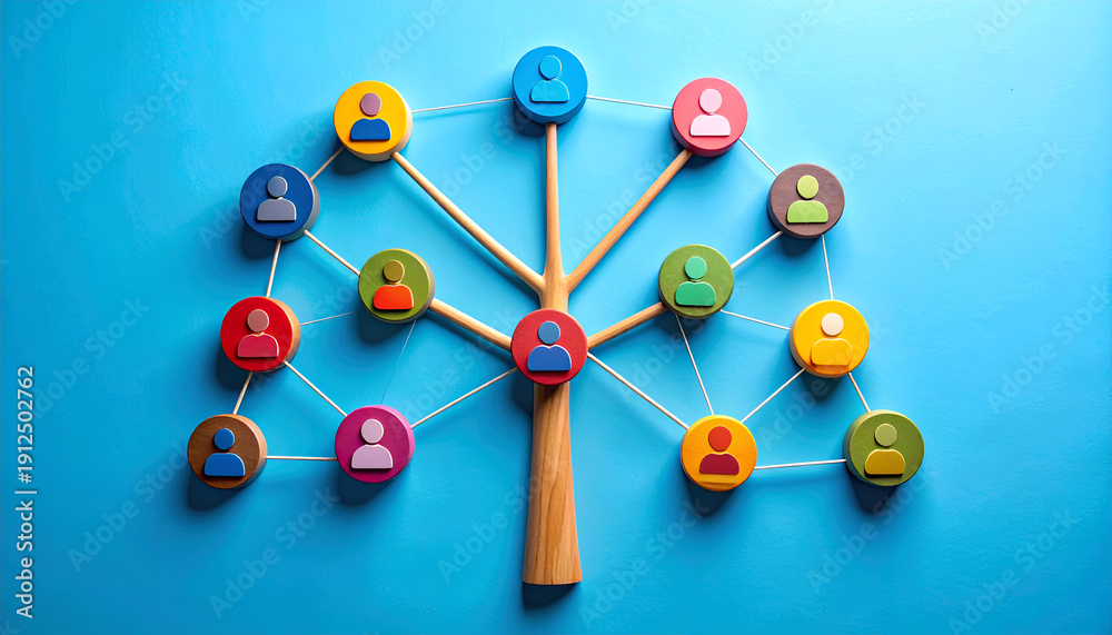 Obraz premium Networking and leadership illustration featuring a central red user icon linked to diverse profiles on a tree structure, representing collaboration and organizational growth.
