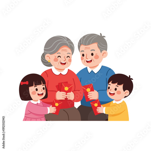 Joyful intergenerational moment as an elderly couple shares blessings and good fortune by gifting traditional red envelopes to happy young children, fostering cultural heritage