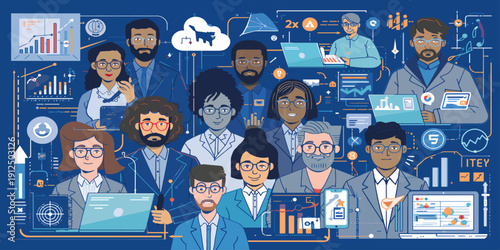 A professional vector illustration of a diverse business team meeting in an office setting featuring cartoon avatars of men and women in suits collaborating for success