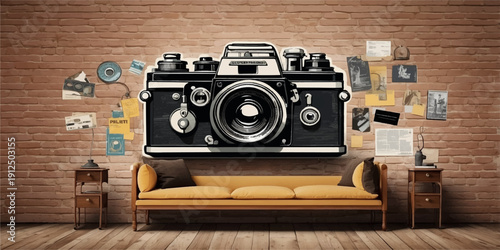 Classic old 35mm retro film camera with a vintage lens and antique shutter sits as an isolated photographic object on a rustic wooden table