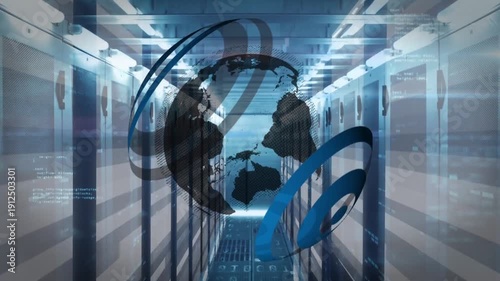 Global Data Hub: A stylized image showcasing the interconnectedness of information in a futuristic data center, represented by a globe and orbiting arcs.