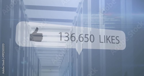 Digital Applause: A digitally-rendered like icon with an impressive count of over one hundred thirty six thousand likes, emerging from a network landscape.