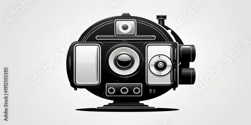 A classic vintage black film camera with an antique lens and manual shutter isolated on a white background as a professional photographic equipment object