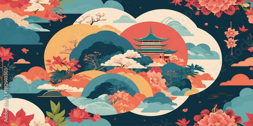 Abstract grunge floral landscape illustration featuring birds and mountains under a blue moonlit sky with ocean waves and vector nature patterns. Vector illustration.