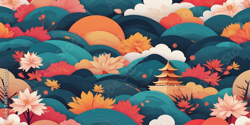 Vector illustration. Vector illustration of a seamless pattern with birds and Easter eggs featuring tropical flowers and fish in a summer underwater nature landscape with coral waves. colourfull