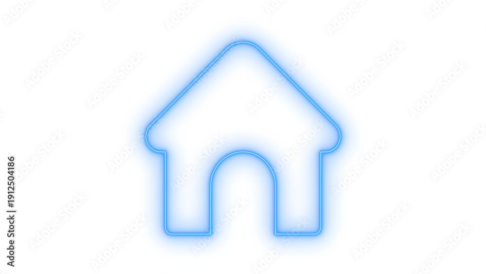 Fototapeta premium Glowing blue neon outline house icon symbolizing smart home technology, property, and modern real estate solutions with a futuristic digital interface design, isolated on transparent background.
