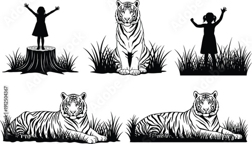 Black and White Illustration Set of Majestic Tigers and Little Girls in Nature Representing Wildlife Conservation Childhood Wonder Animal Friendship and Safari Adventure Concept