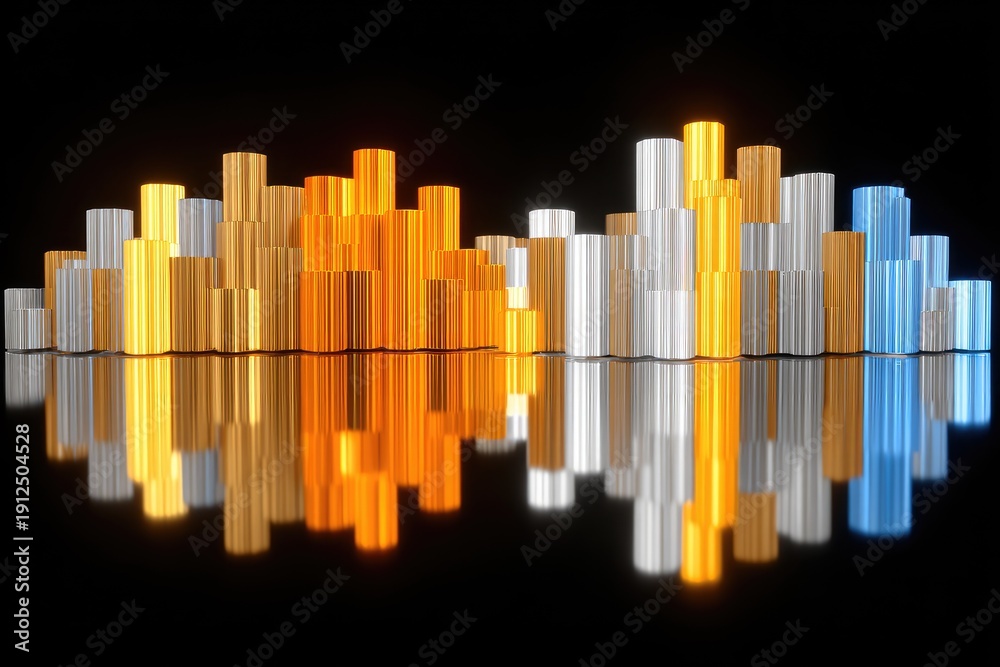 Obraz premium Abstract audio waveform, vibrant cylindrical shapes reflecting on a dark surface
