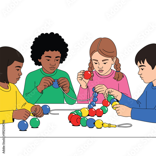 Group of four children sitting at table stringing large colorful beads together to create long jewelry necklaces during creative craft session at school
