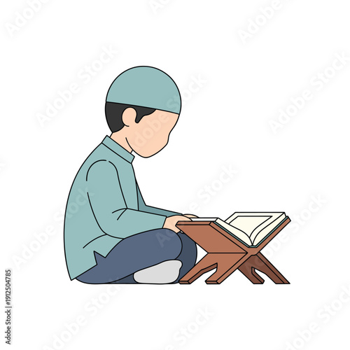 Muslim boy sitting on floor reading holy quran from wooden stand, studying islamic scripture with devotion and focus