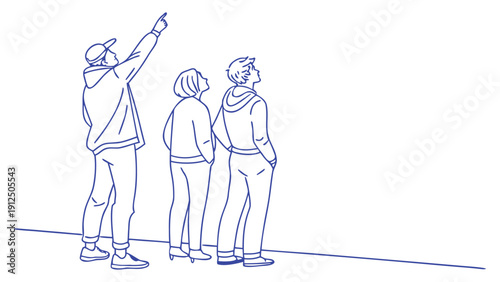 Three people standing outdoors looking up with one pointing at something in the sky blue line