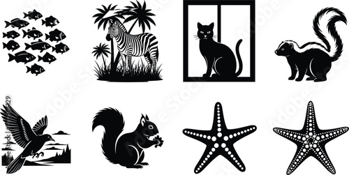 Black Silhouette Animal Icon Set Featuring Fish School, Zebra, Cat, Skunk, Flying Bird, Squirrel, and Starfish Illustrations for Nature Wildlife and Graphic Design Projects