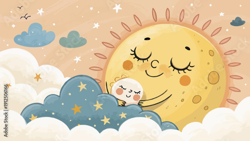 Cute baby sleeping on starry cloud with smiling sun