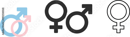 Male and female gender symbols overlapping, black outlined icons, blue and pink variations, identity representation concept, cad drawing flat vector illustration artwork