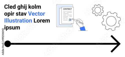 Business agreements, workflow, legal processes, direction, corporate strategy, document management. Contract being signed with gears and arrow. Business agreements and workflow concepts