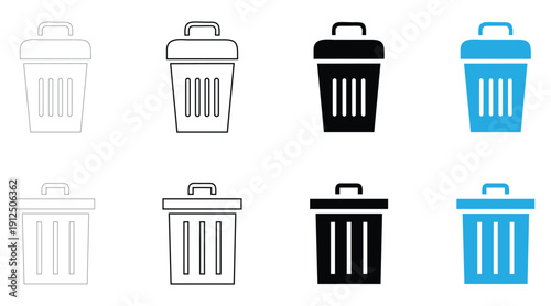 trash can icon vector set, trash bin symbol vector, silhouette and line art illustration