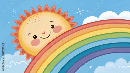 Smiling sun peeking behind vibrant rainbow in bright sky