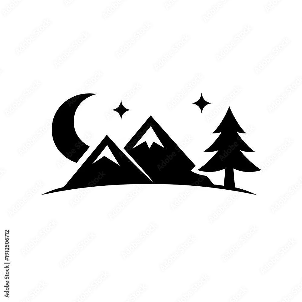 Fototapeta premium Minimal Mountain Landscape with Moon and Pine Tree Silhouette Vector Icon