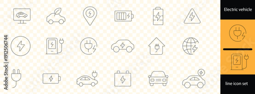 Containing charge, battery, energy, electricity, charger, recharge, electric car, electric socket and more. Editable line icons. Vector illustration