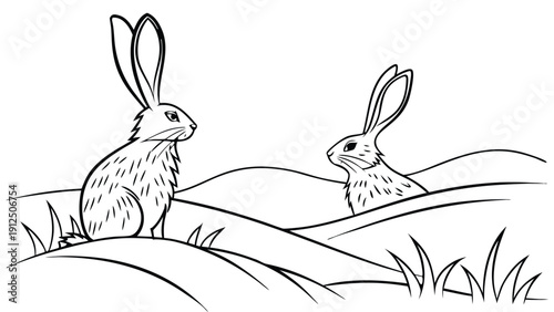Two black and white jackrabbits sitting on rolling hills in a minimalist line style hare wildlife animals