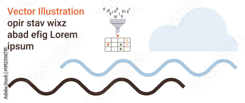 Data processing, cloud computing, analytics, information flow, technology systems, networking. Funnel filtering binary code into a table, graph lines and a cloud. Data processing and cloud computing