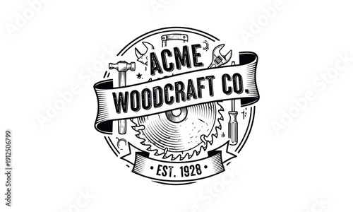 Vintage ACME Woodcraft Co. Logo with Saw Blade and Tools.