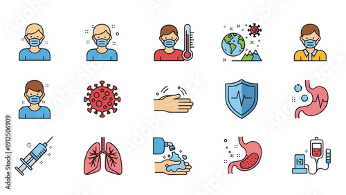 Collection of medical and health related icons depicting internal organs medical procedures and virus prevention.