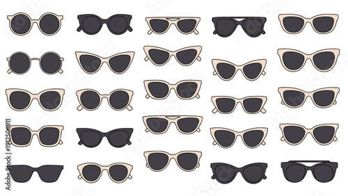 Large assortment of stylish sunglasses and eyewear frames in various shapes and colors arranged in a grid.