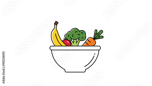Vibrant illustration of a white bowl filled with a variety of healthy foods including broccoli a banana carrots and a tomato.