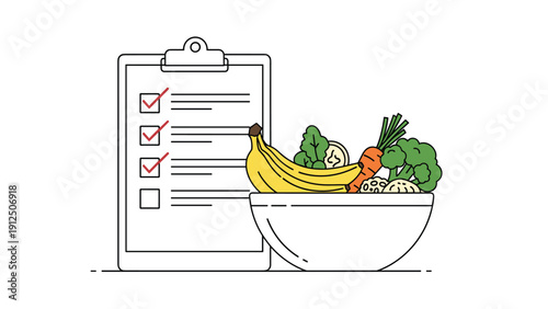 Healthy lifestyle concept featuring a bowl of fresh vegetables and fruit next to a completed nutrition checklist.